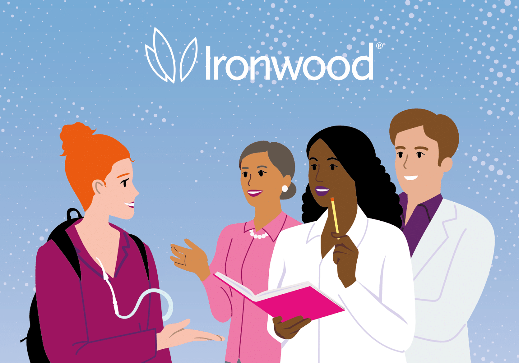 An illustration of 4 people talking with the Ironwood logo on top of the image